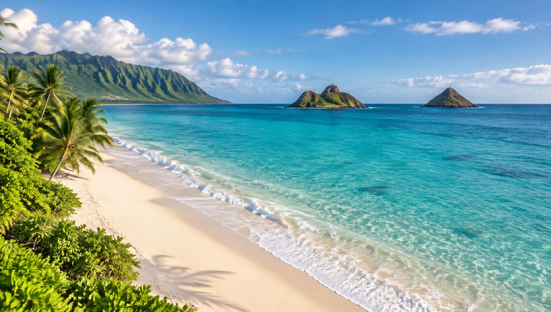 Sunlit beach and lush mountains on Oahu’s windward coast
